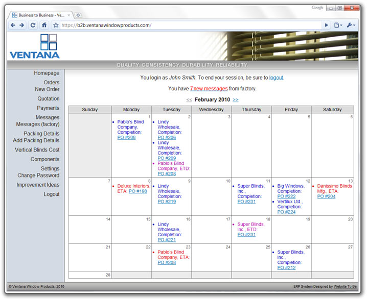 ERP System for Ventana, Calendar